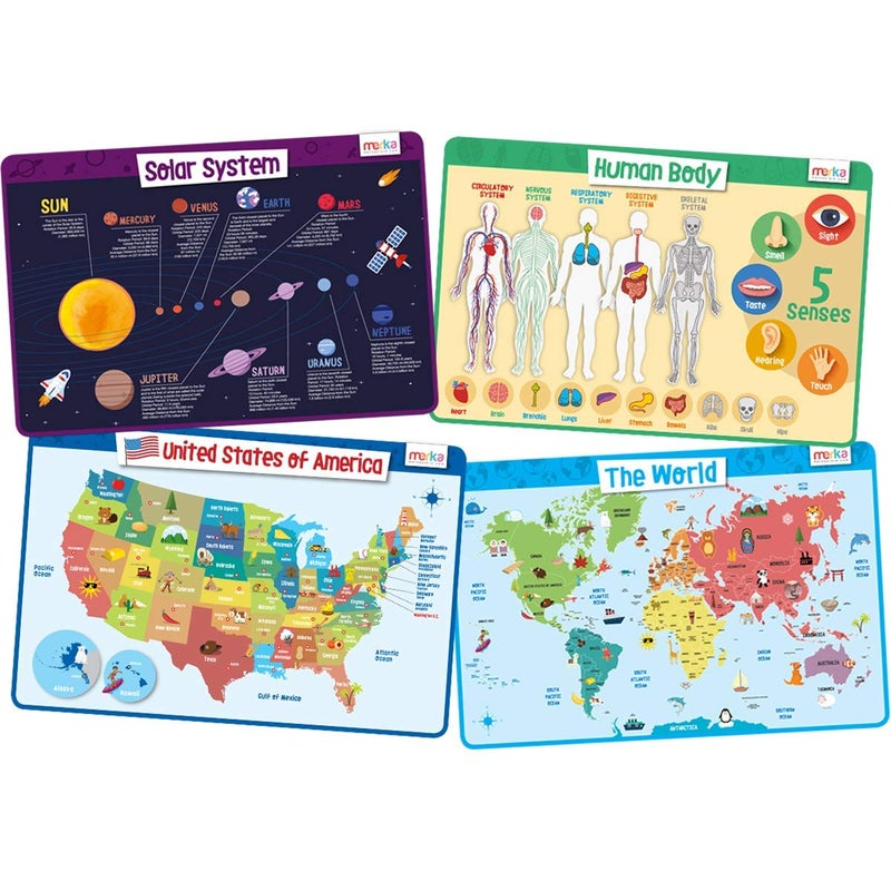 Merka Kids Educational Placemat Set 4-Pack - 17 x 11 in Multicolor Silicone - Washable & Reusable with Secure Grip Backing - Map Placemats for Kids, Solar System, Human Body, World & US Map - Image 1
